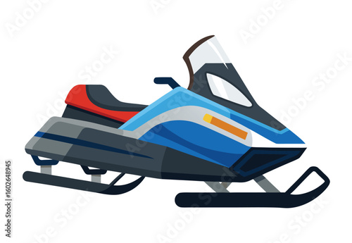 Modern snowmobile vector illustration in shades of blue gray and red ready for winter adventures and recreational activities
