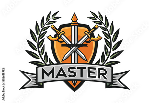 Master Achievement Emblem with Crossed Swords and Laurel Wreath Celebrating Skill and Mastery in Gaming or Other Fields