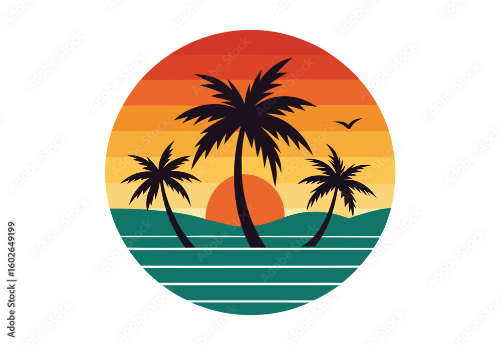 Naklejka premium Retro Tropical Sunset Illustration with Palm Trees and Ocean View Aesthetic Background for Summer Vibes