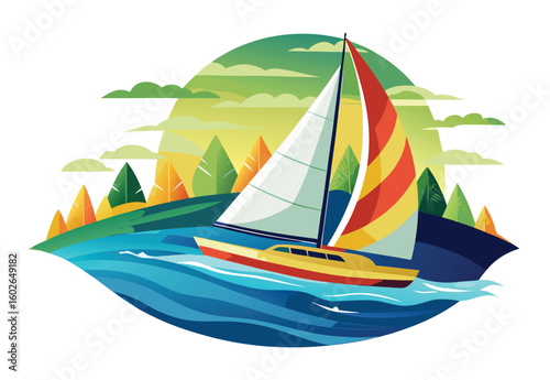 Sailing boat adventure on the ocean vector illustration vibrant colors and stylized design for travel and holiday inspiration a colorful maritime journey