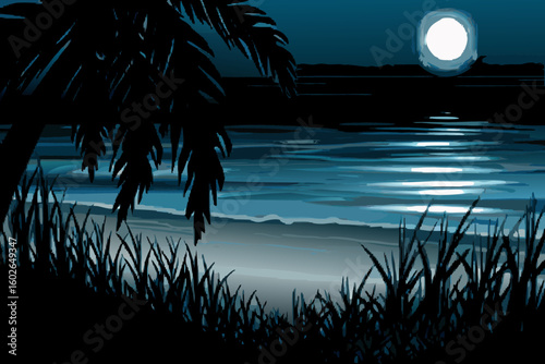 Serene Tropical Beach Scene at Night with Palm Tree Silhouette and Full Moon Reflection