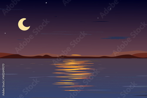 Serene Night Landscape with Crescent Moon Stars and Golden Reflections on Water Surface