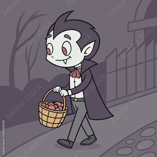Cartoon vampire walking with a basket full of apples in a castle hallway under a hanging lantern