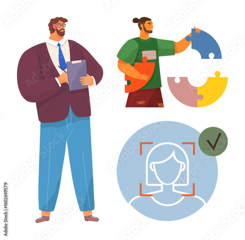 Businessman writing on clipboard, man assembling puzzle pieces, biometric face recognition approval. Ideal for teamwork, problem-solving, identity, collaboration, verification, innovation simple