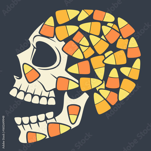 Skull filled with candy corn pieces on a dark background for halloween themed design and decoration