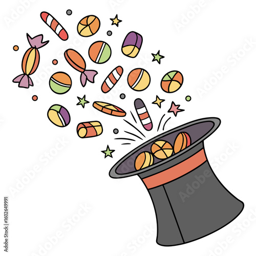 Illustration of a magician's hat with candy and star elements floating out of the top of the hat item