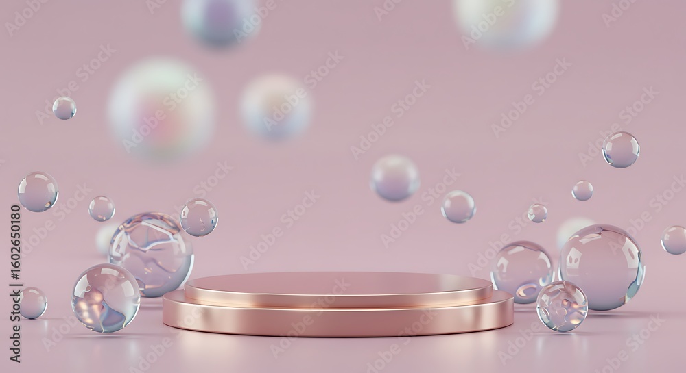 Fototapeta premium Podium with Holographic floating liquid blobs, soap bubbles, metaballs.