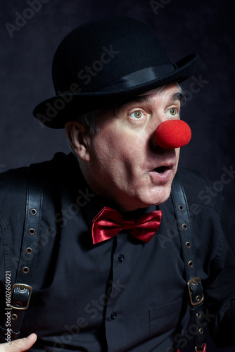 Dramatic portrait of a surprised clown against a dark background
