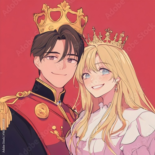 Smiling Anime Couple Prince and Princess Wearing Golden Crowns