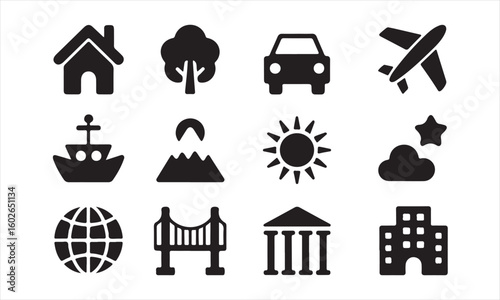 Set of vector icons representing different countries with symbols in black silhouette style for web and design use