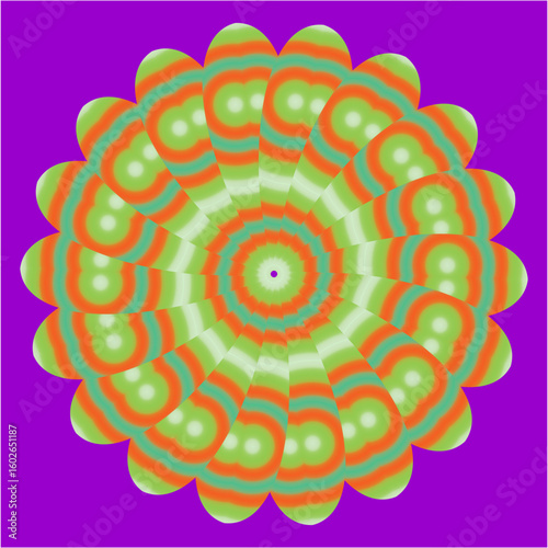 A hypnotic mandala bursts with glowing green, orange, and white rings, radiating energy against a vivid purple backdrop in rhythmic harmony.