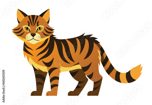 Cartoon Cat Illustration with Bold Stripes and Golden Eyes Graphic Feline Design Animal Companion Detailed Vector Image