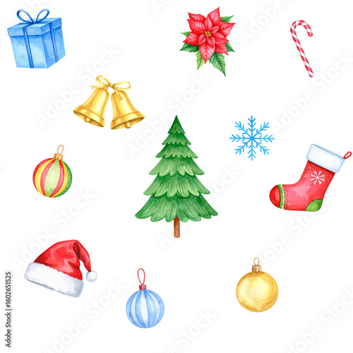 Seamless Christmas set pattern, transparent background. Christmas tree, poinsettias, bells, candy cane, Santa's hat, baubles, present box, Christmas stockings, snowflake. Watercolor illustration