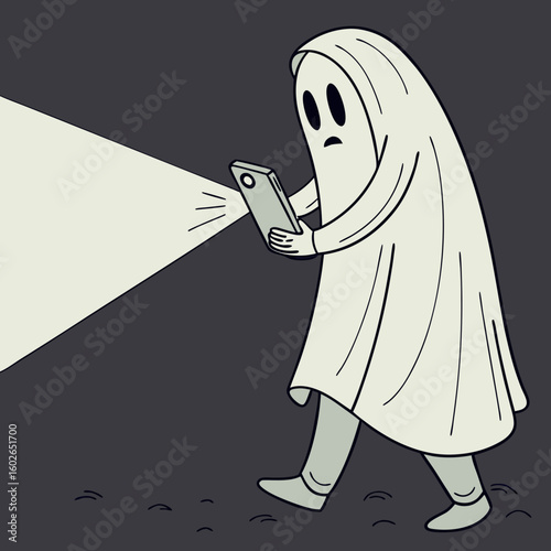 A cartoon ghost walking and looking at a phone with light emanating from the phone screen and dark background