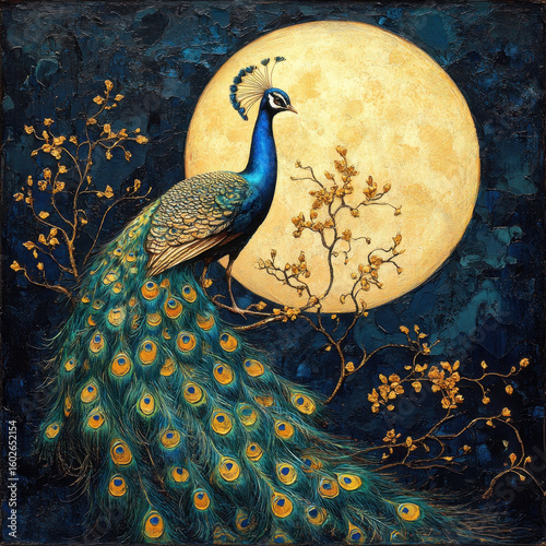 Blue Peacock Under a Golden Moon at Night