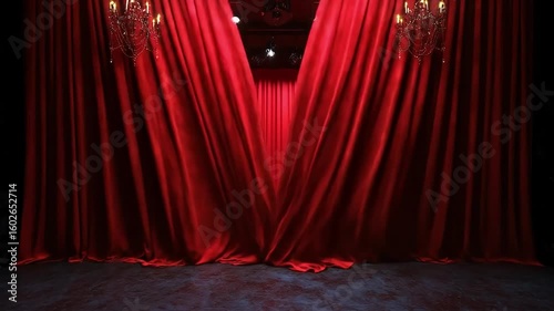 An opulent empty theater stage with rich red velvet curtains and bright spotlights awaits a grand performance.