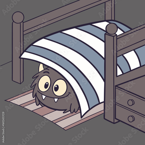 A cartoon monster with big eyes hiding under a striped blanket next to a bed and a nightstand at night