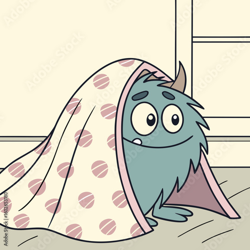 A cute teal monster with one horn hiding under a polka dot blanket in a light colored room looking happy