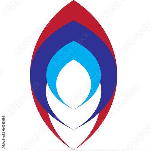 Geometric teardrop design with nested petal-like shapes and patriotic colors.

