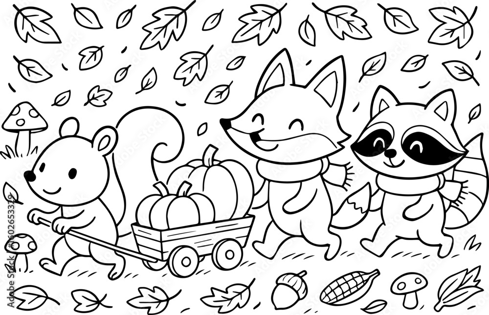 Fototapeta premium Cute fall animals coloring page. Squirrel, fox and raccoon with pumpkin cart and autumn leaves
