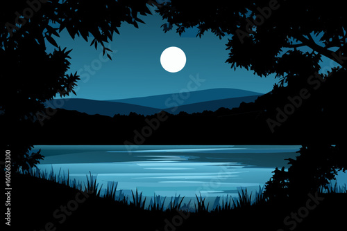 Serene Moonlight Scene Lake Mountains Silhouetted Trees and Grass in the Night