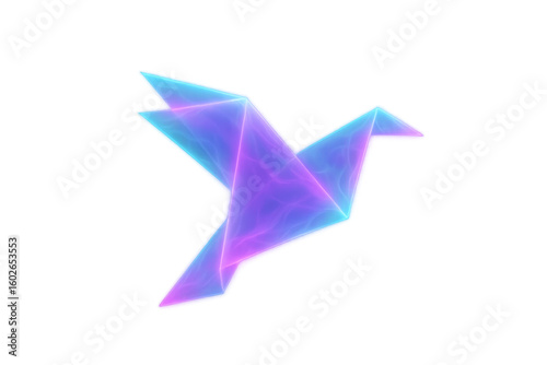 Vibrant origami bird soaring, transparent backdrop symbolizing liberation and serenity