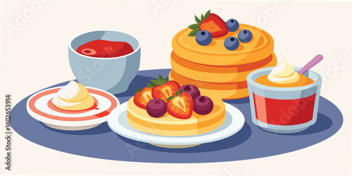 Delicious breakfast illustration of pancakes with fresh berries sauces and cream on a white background ready for your creative design.