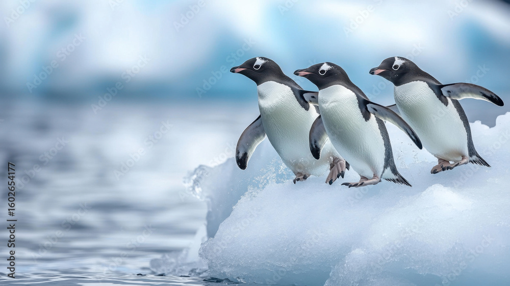 Fototapeta premium Three Adorable Penguins Jumping on Iceberg in Antarctica