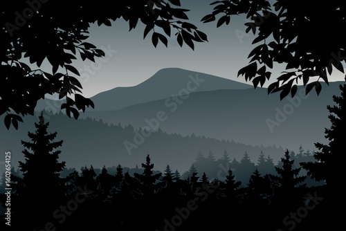 Mountain Landscape with Forest Silhouette and Leaves Frame in Blue Tones