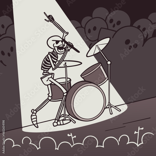 A skeleton drummer performing on stage under a spotlight with an audience in the background watching on