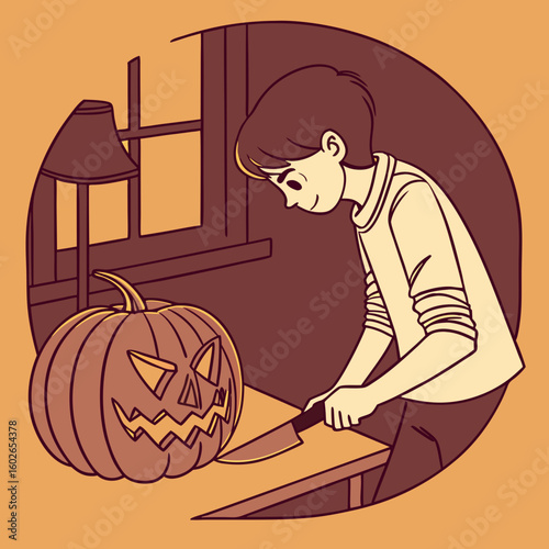 A boy carving a jack o lantern pumpkin with a knife on a table in front of a window and a lamp inside