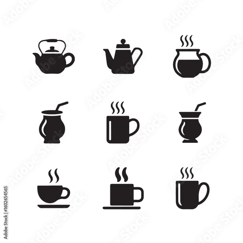Set of Black Coffee and Tea Icon Silhouettes – Teapots, Mugs, Cups, and Yerba Mate Vessels
