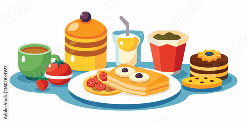 Delightful breakfast spread featuring various pastries coffee drinks and fresh fruits illustration with graphic design elements