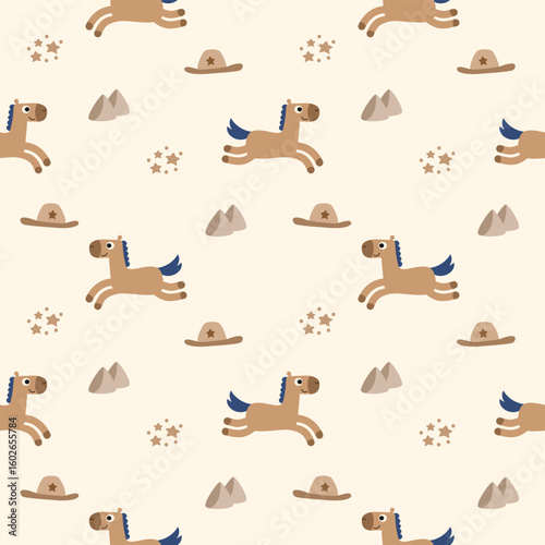 Horse cartoon so cute. On mountain star cowboy hat background. Pattern seamless vector illustration. 