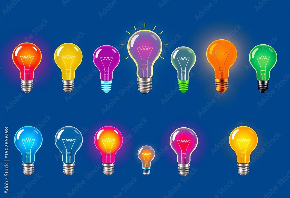 Naklejka premium Vibrant, diverse lightbulb icons; various styles, colors & designs representing ideas, innovation, solutions, vector, colorful icons