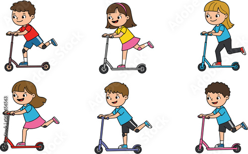 Group of happy cartoon children riding kick scooters, outdoor activity, isolated illustration for kids, vector clipart, active child play