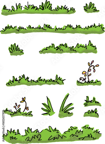Vector set of cartoon green grass side view for landscape elevations, element for backdrop, eco environment concept design
