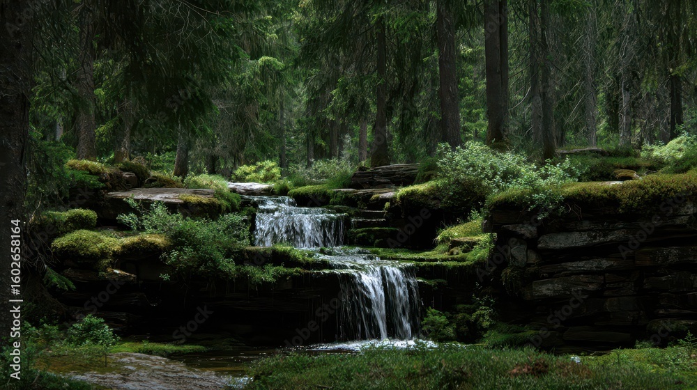 Fototapeta premium Cascading waterfall in a lush, dark forest.