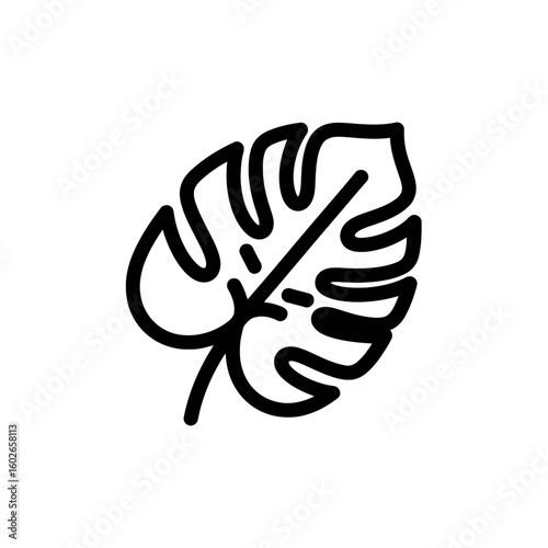 A stylized black line drawing of a single monstera deliciosa leaf.