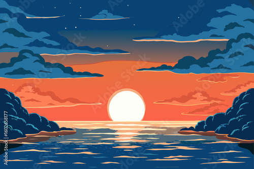 Serene sunset landscape with ocean clouds and rocky shores in vector art