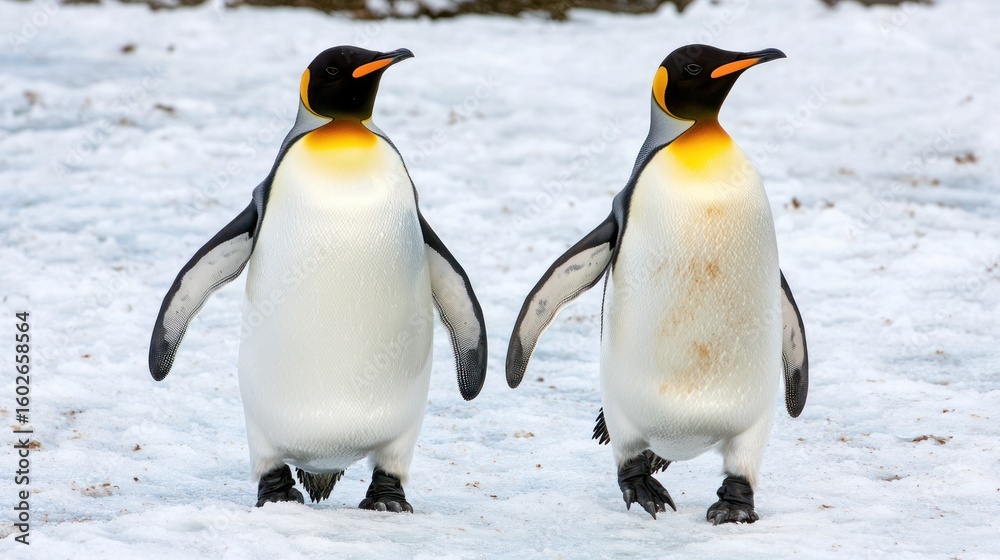 Fototapeta premium A pair of penguins waddling across the snow in Antarctica.