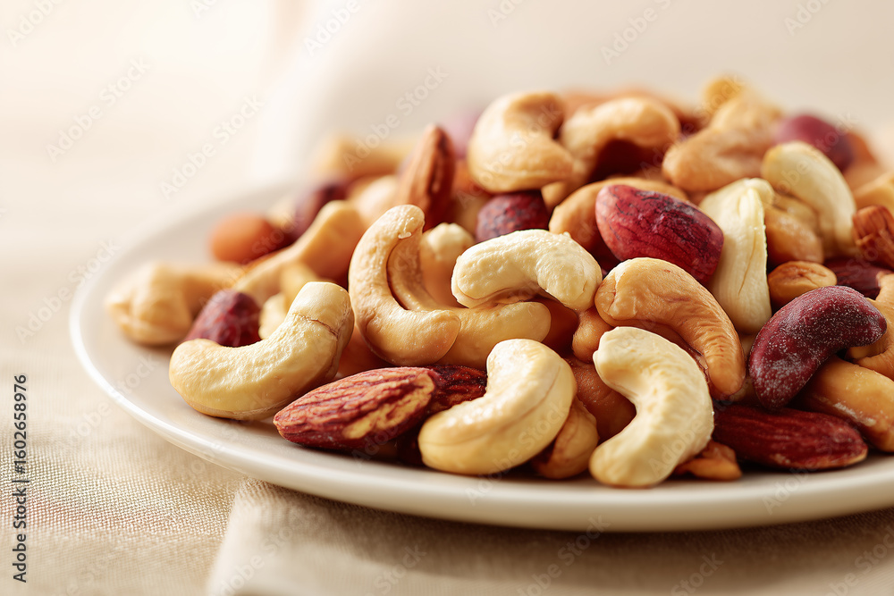 Fototapeta premium Mixed nuts on white ceramic plate close-up