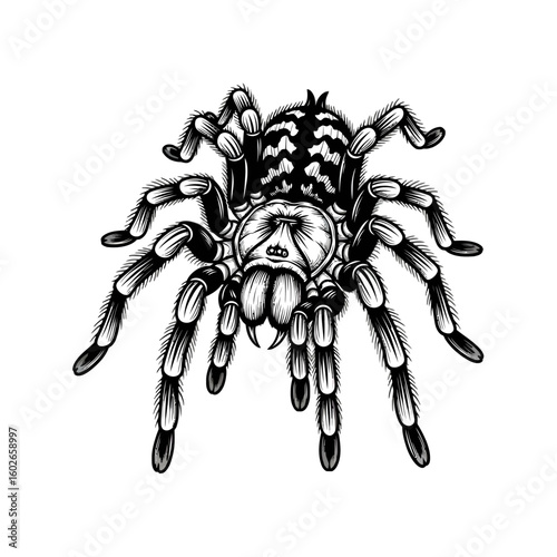Detailed monochrome illustration of a tarantula spider with striped legs and intricate body markings.