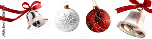 An assortment of elegant and sparkling Christmas ornaments including a silver bell with a red ribbon a frosted glass bauble and a red and gold patterned ornament