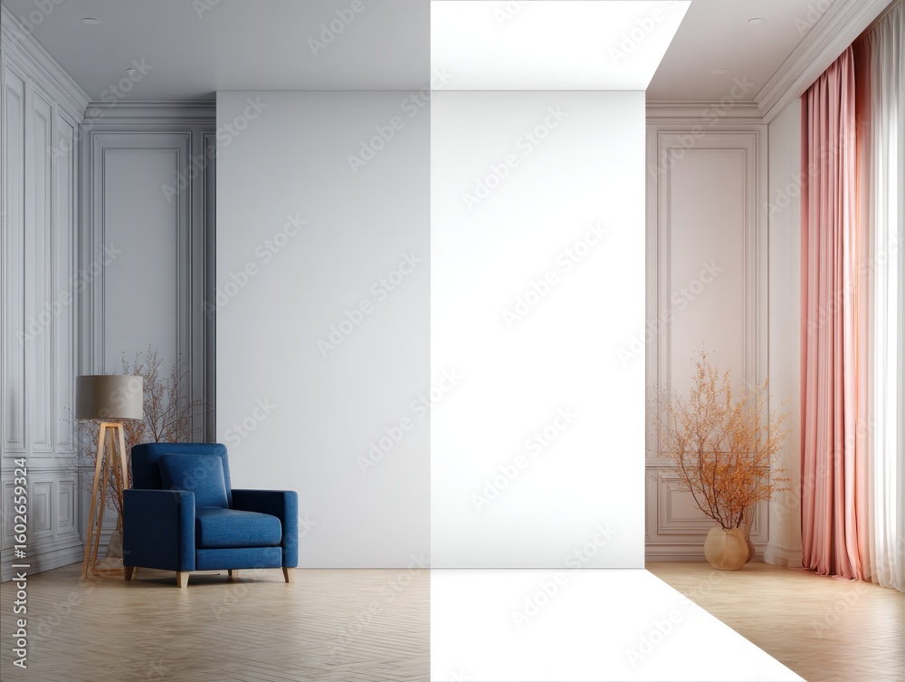Fototapeta premium Empty room with a blue armchair and pink curtains, showcasing a stylish interior design.