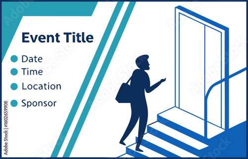 Event advertisement featuring a man walking up stairs towards a door with event details on the side panel