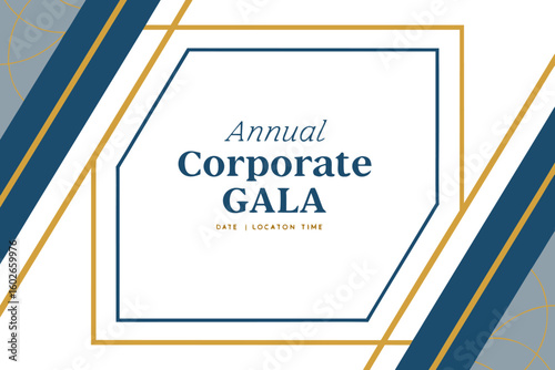 Corporate gala invitation with blue and gold geometric accents and event details in a central frame design