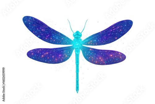 Radiant fantasy dragonfly displaying iridescent wings, glowing against transparent backdrop, highlighting intricate digital design potential