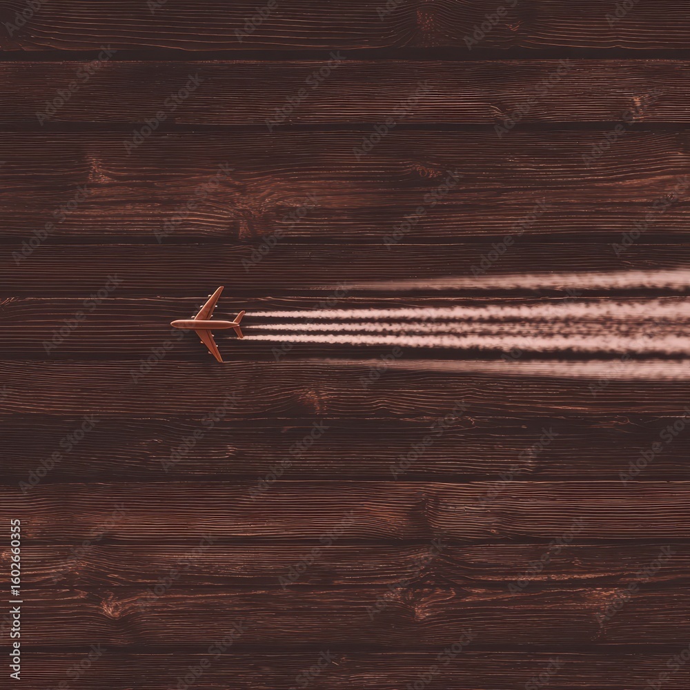 Obraz premium Miniature airplane in flight over wooden planks.