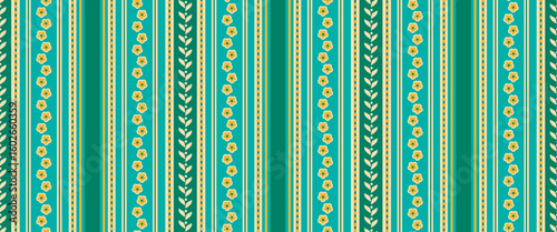 Floral and ornamental vertical striped geometric seamless pattern tiny yellow flowers, leaves, and teal color stripes, perfect for backgrounds, textiles, or crafts
